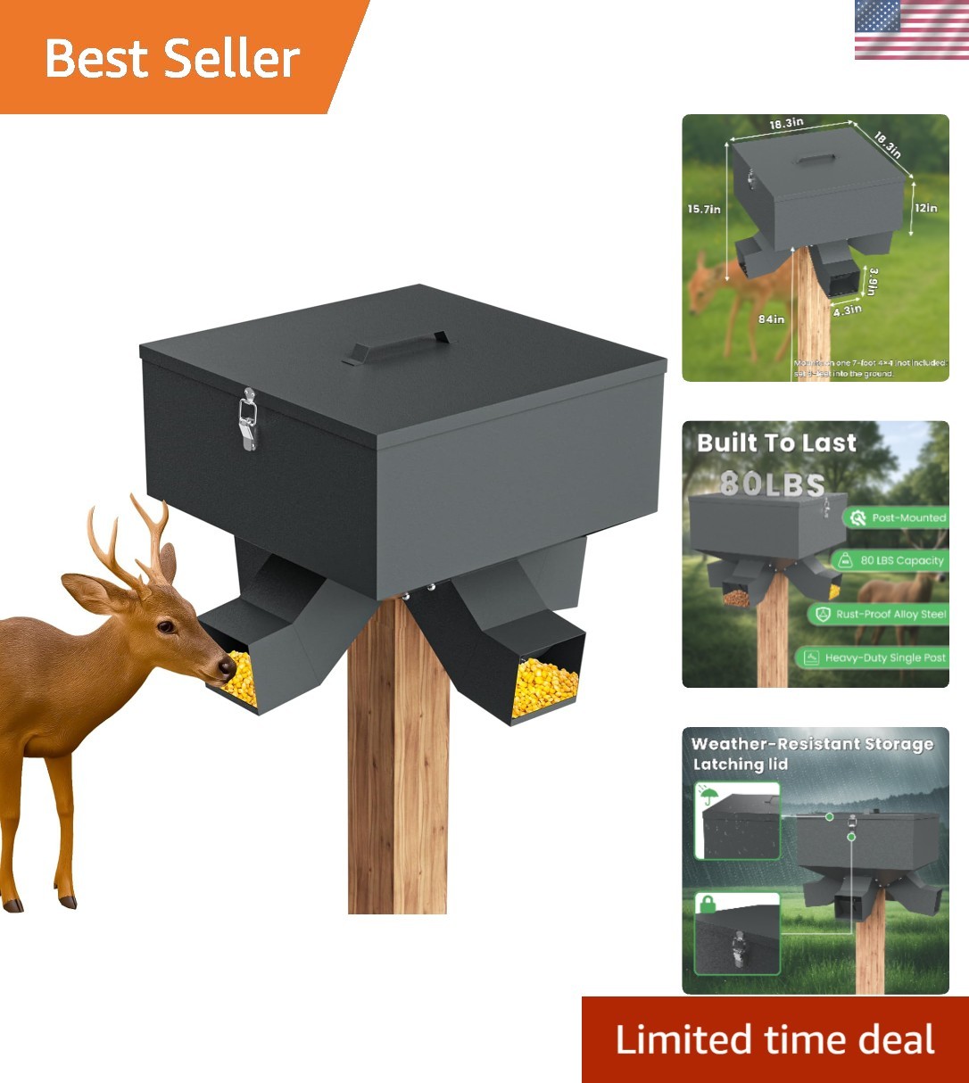 80LB Metal Gravity Deer Feeder,Heavy Duty Automatic Deer Feeder with 4 Feed P...