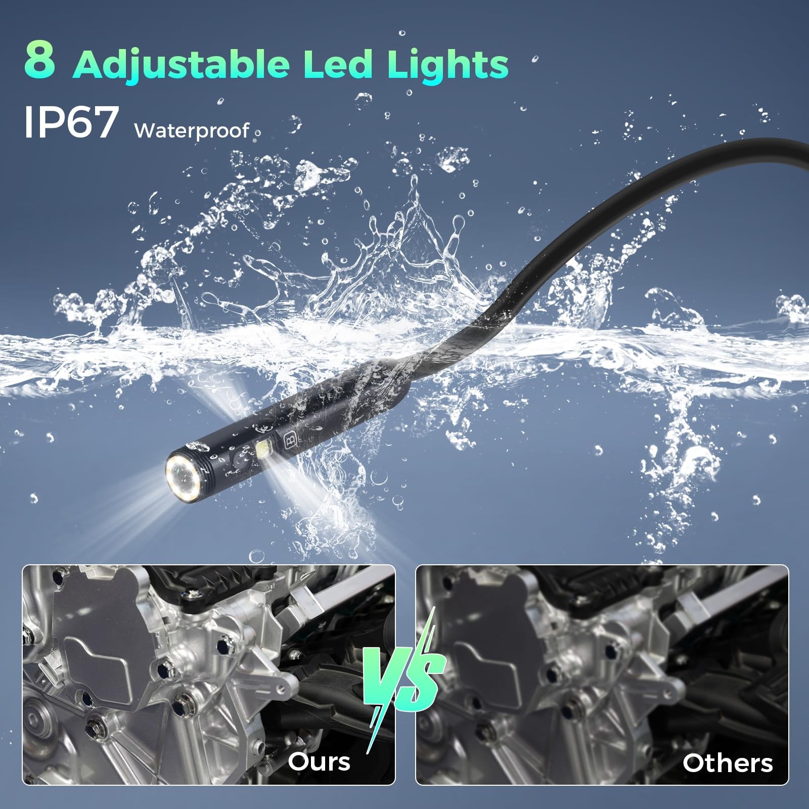Triple Lens 1080P Borescope with 50FT Semi-Rigid Cable, 5" IPS Screen Endoscope