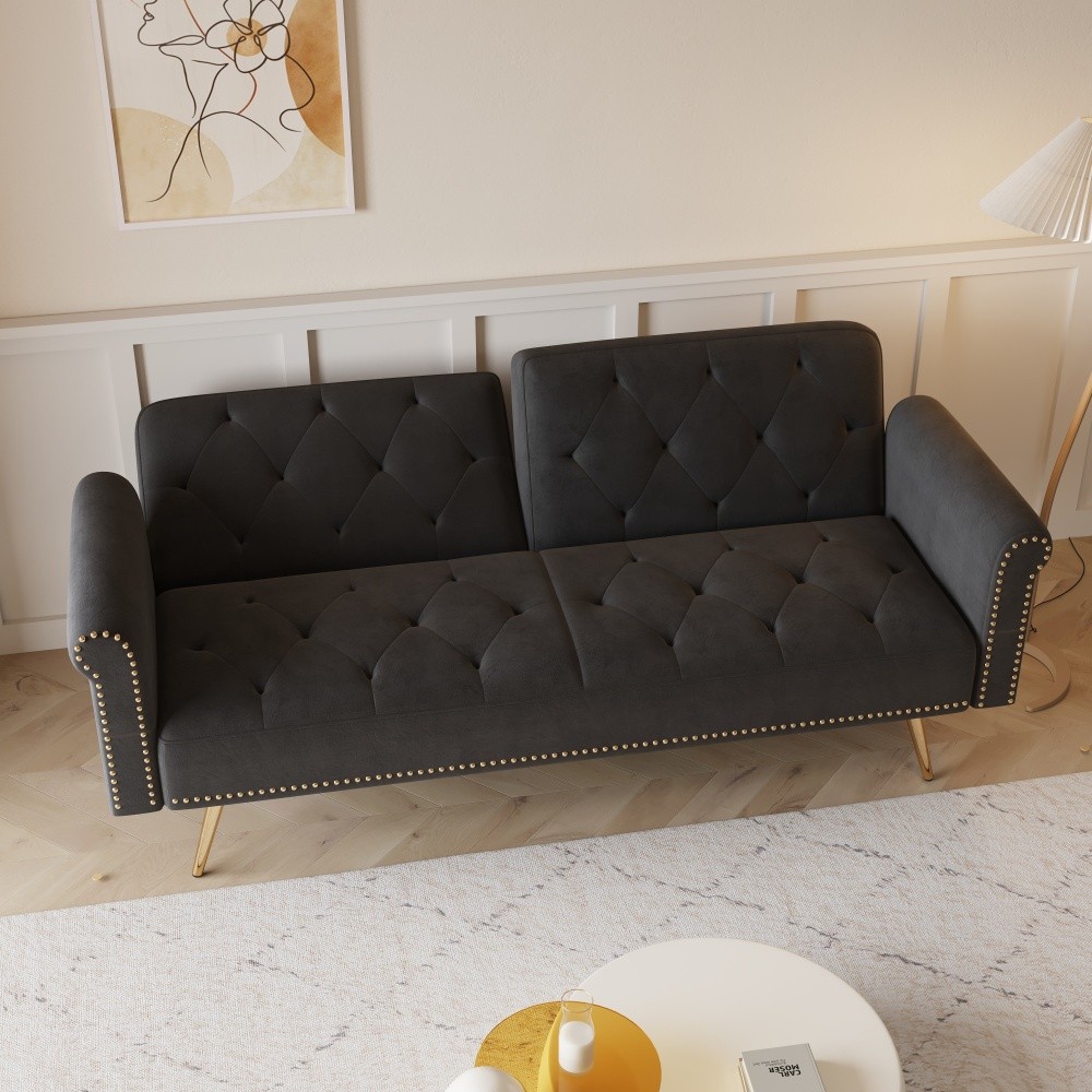 69.7" Velvet Black Sofa Bed - Nail Head Trim + Matching Throw Pillow