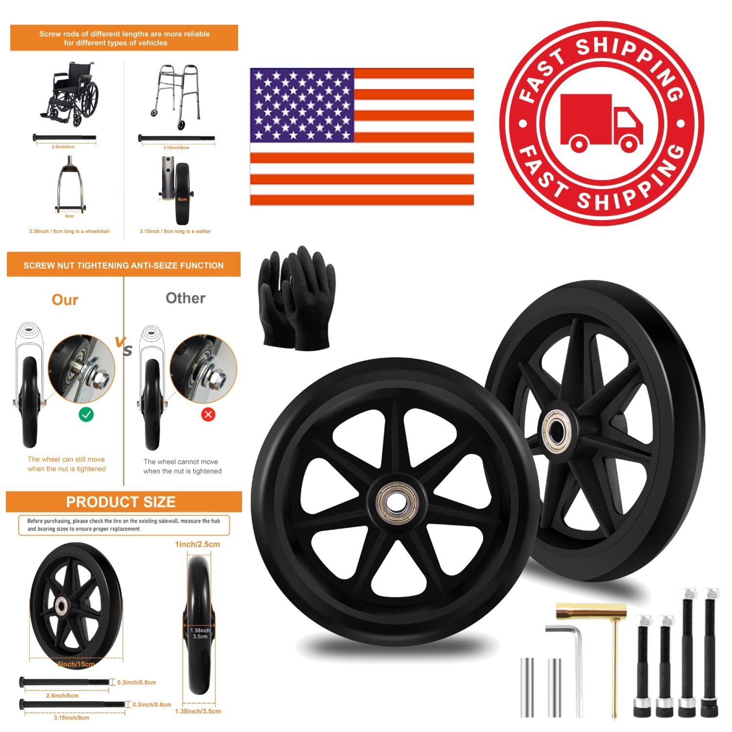 2Pcs 6 Inch Replacement Wheelchair Wheels with Wear Resistant PU Tires