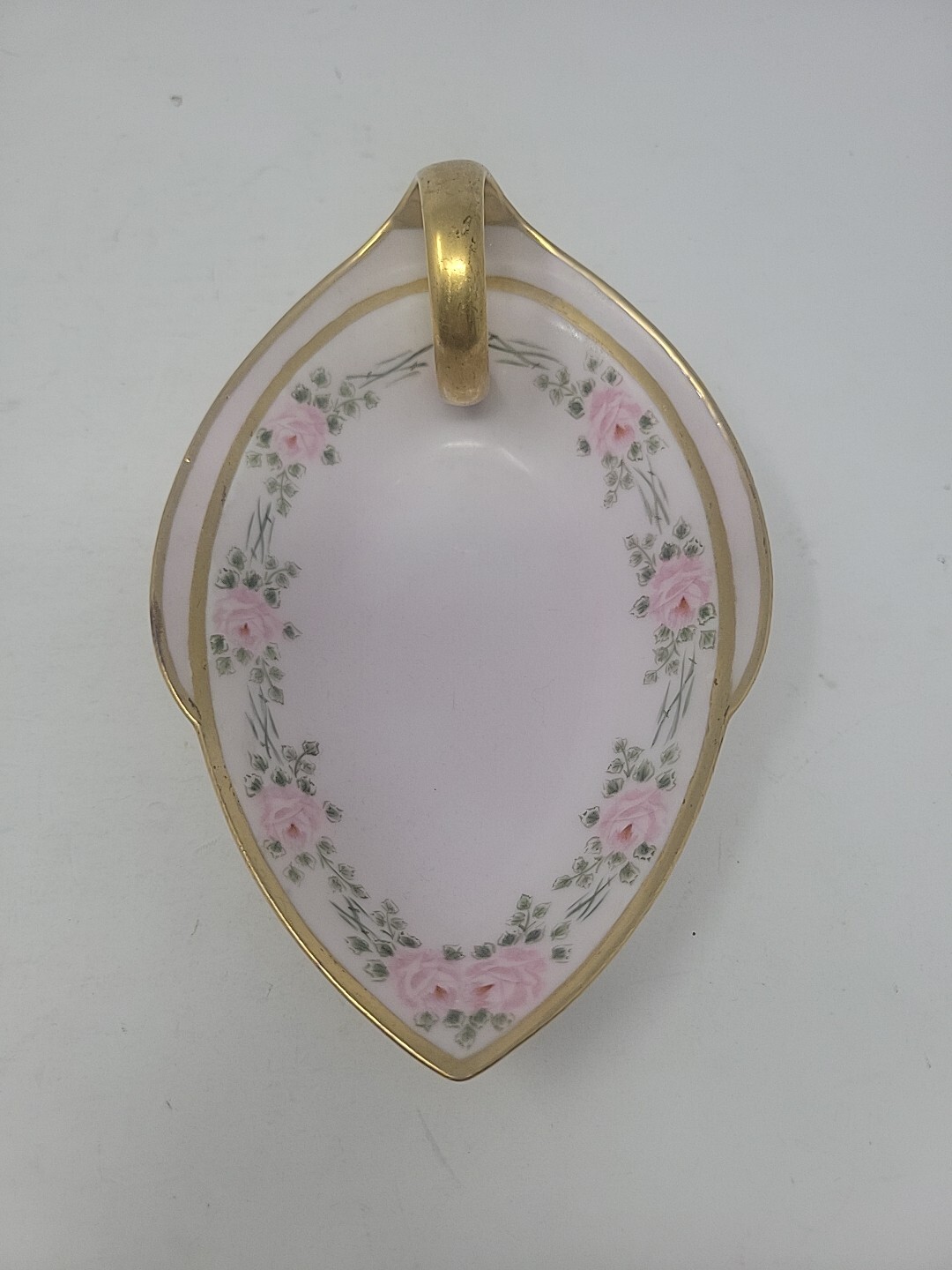 RS Germany Handled Nappy Trinket Nut / Candy Dish Hand Painted Pink Gold Trim