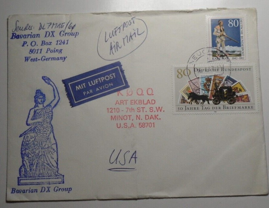 STAMPMART : GERMANY 1997 BAVARIAN DX GROUP AIRMAIL TO ND USA - STAMP ON STAMP