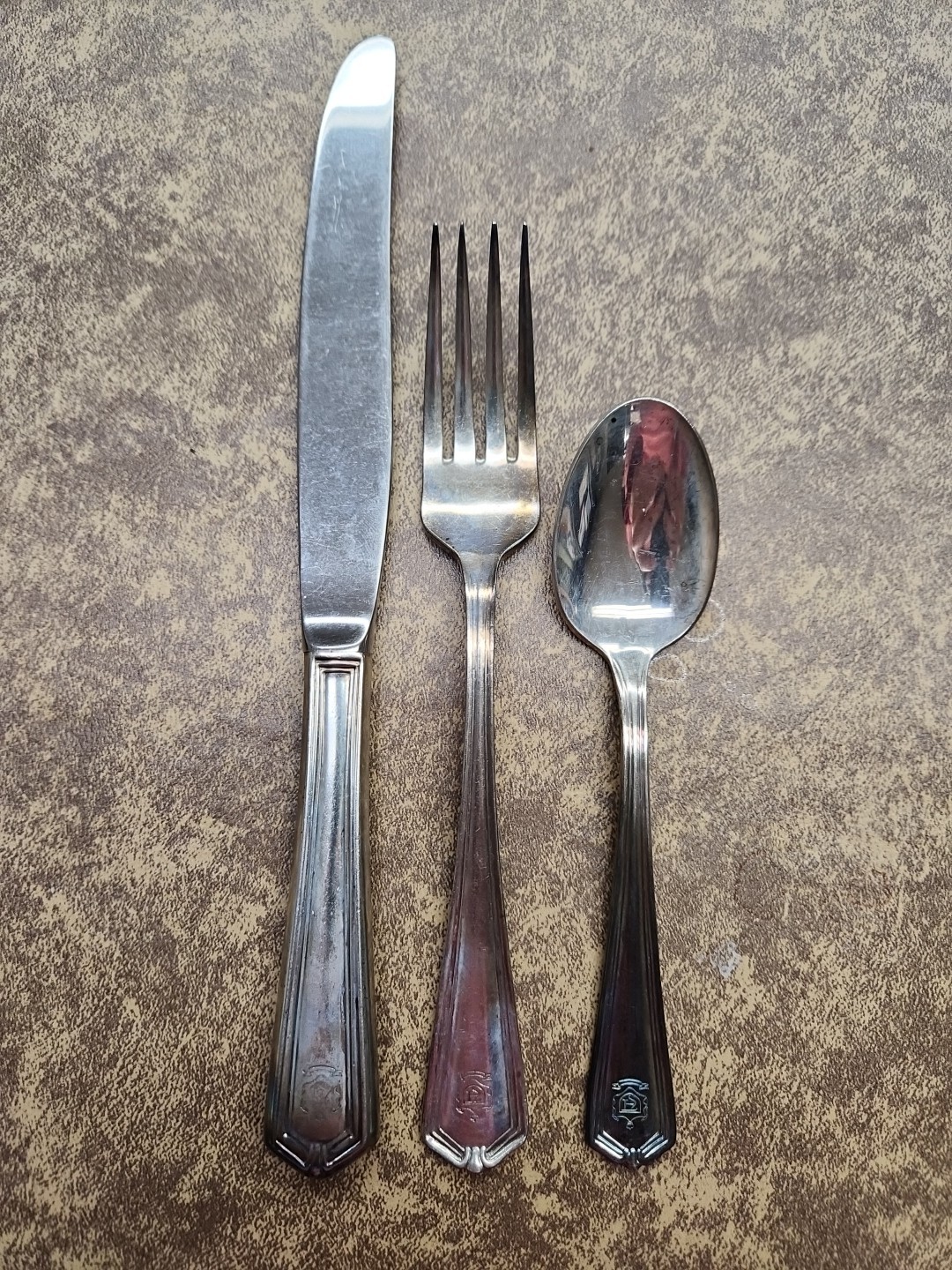 Set of 3 International Taiwan Silverplate Utensils Monogrammed "A" Crown Shield