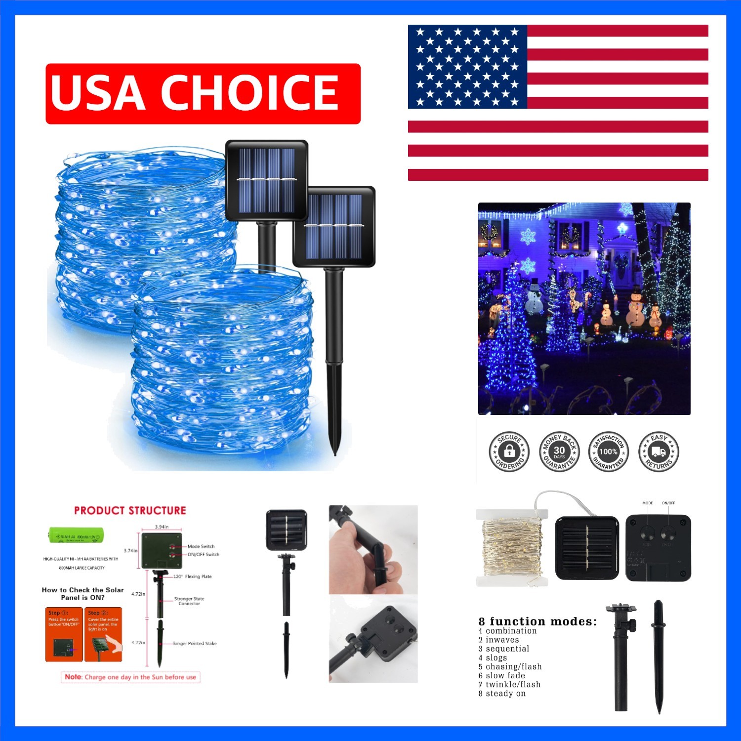 2 Pack Solar String Lights Outdoor, Total 80FT 240LED Solar Powered Waterproo...