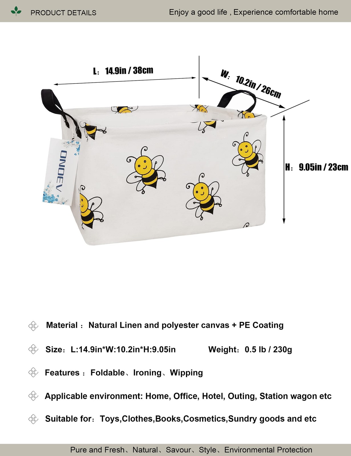 Rectangular Bee Storage Basket,Collapsible Storage Bin for Nursery,Cute Bee S...
