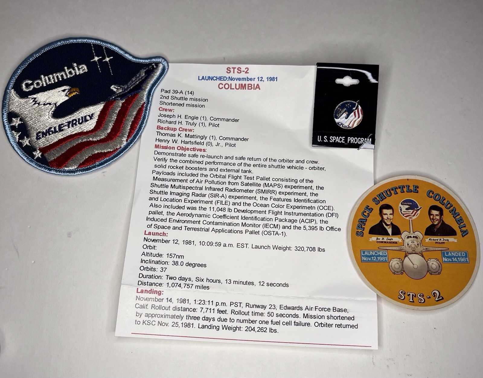 NASA Columbia STS-2  SPACE SHUTTLE  Patch/Pin/Sticker Set 11/12/1981 NOS USA