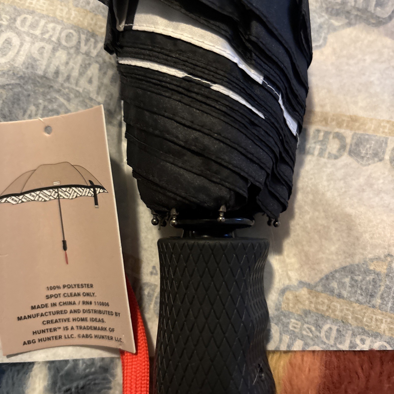 HUNTER UMBRELLA GRAY BLACK WHITE Logo Print 100% POLYESTER NWT