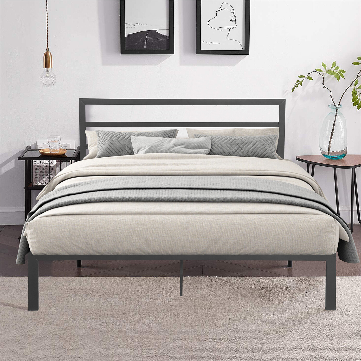Modern Queen Size Bed Frame Metal Platform Bed Frame with Headboard Grey US