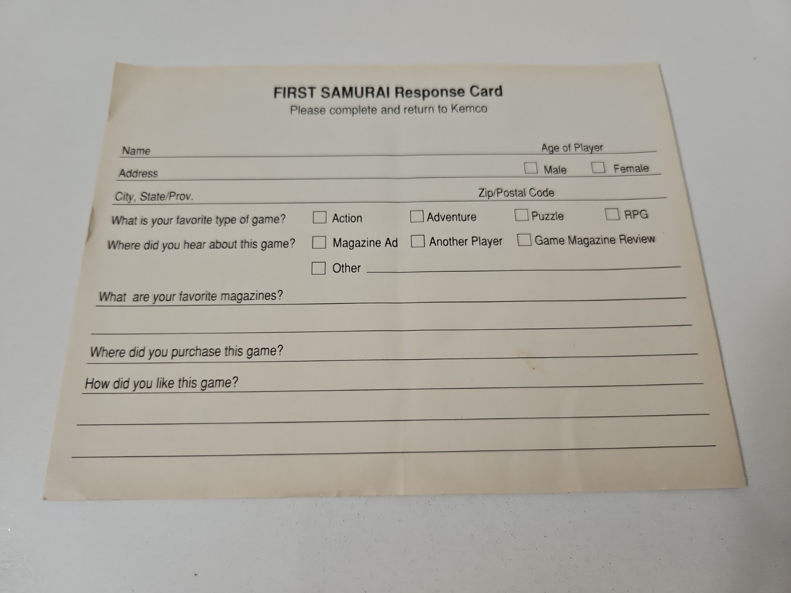 First Samurai Registration Card Only Super Nintendo SNES