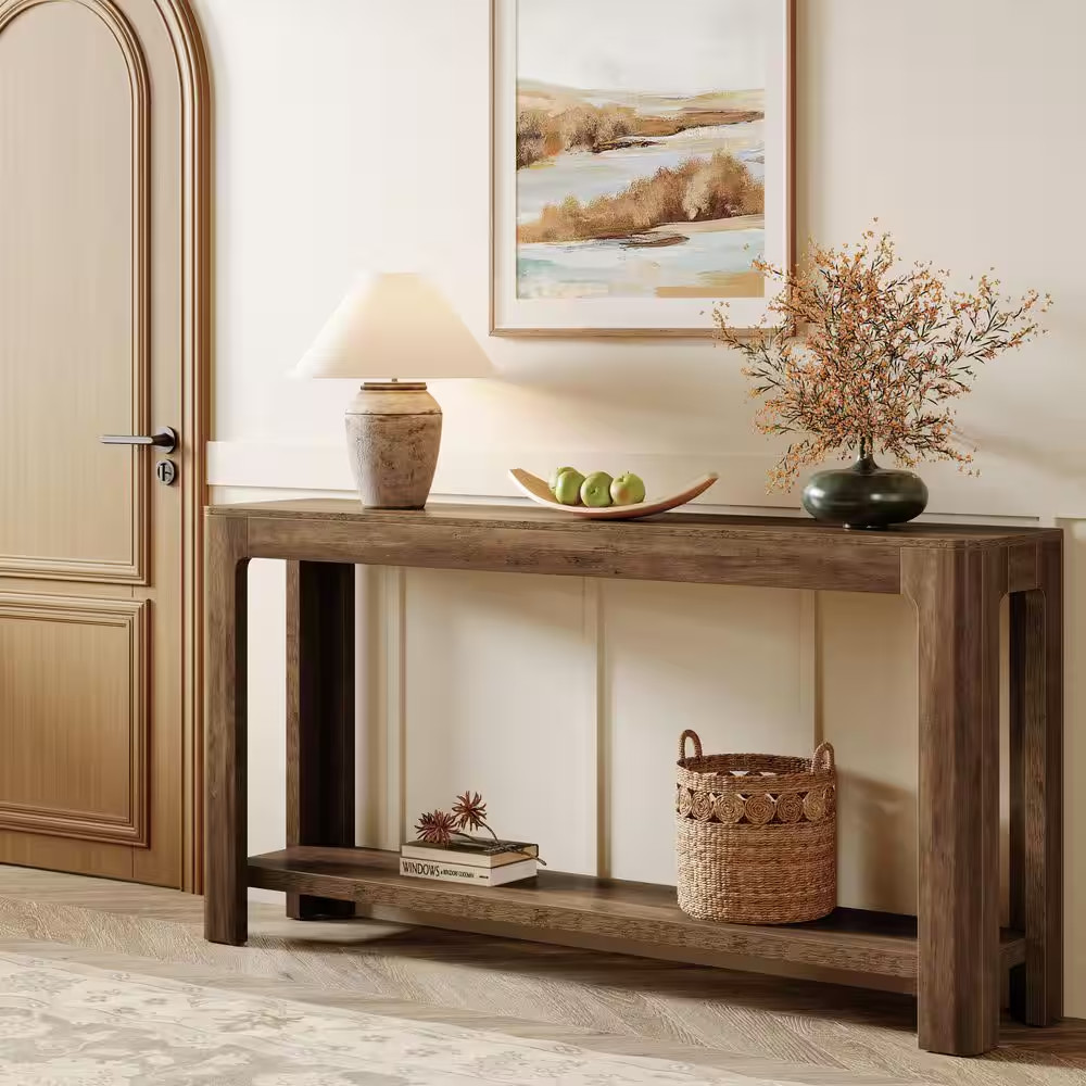 Turrella 63 In. Rustic Brown Rectangle Wood Console Table with 2-Tier for Storag