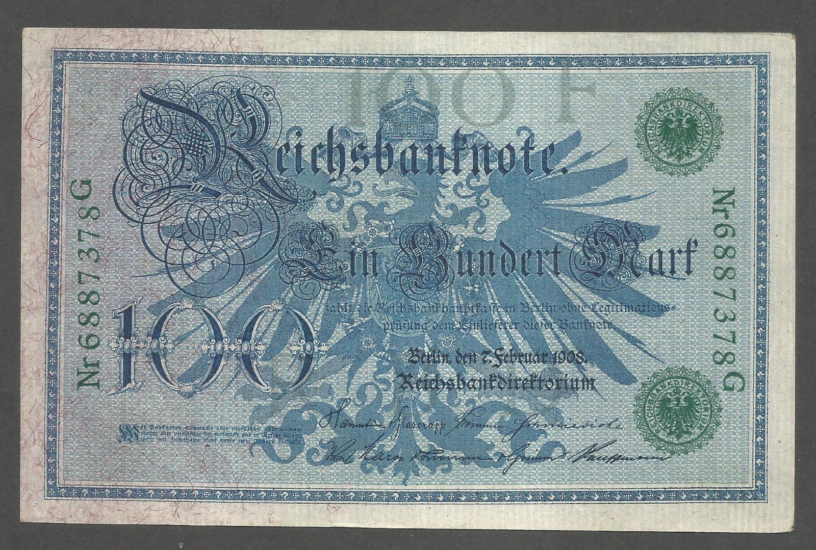 Germany - Empire 100 Mark 7.2.1908; AU; P-34; BNB-B211a; Green seal