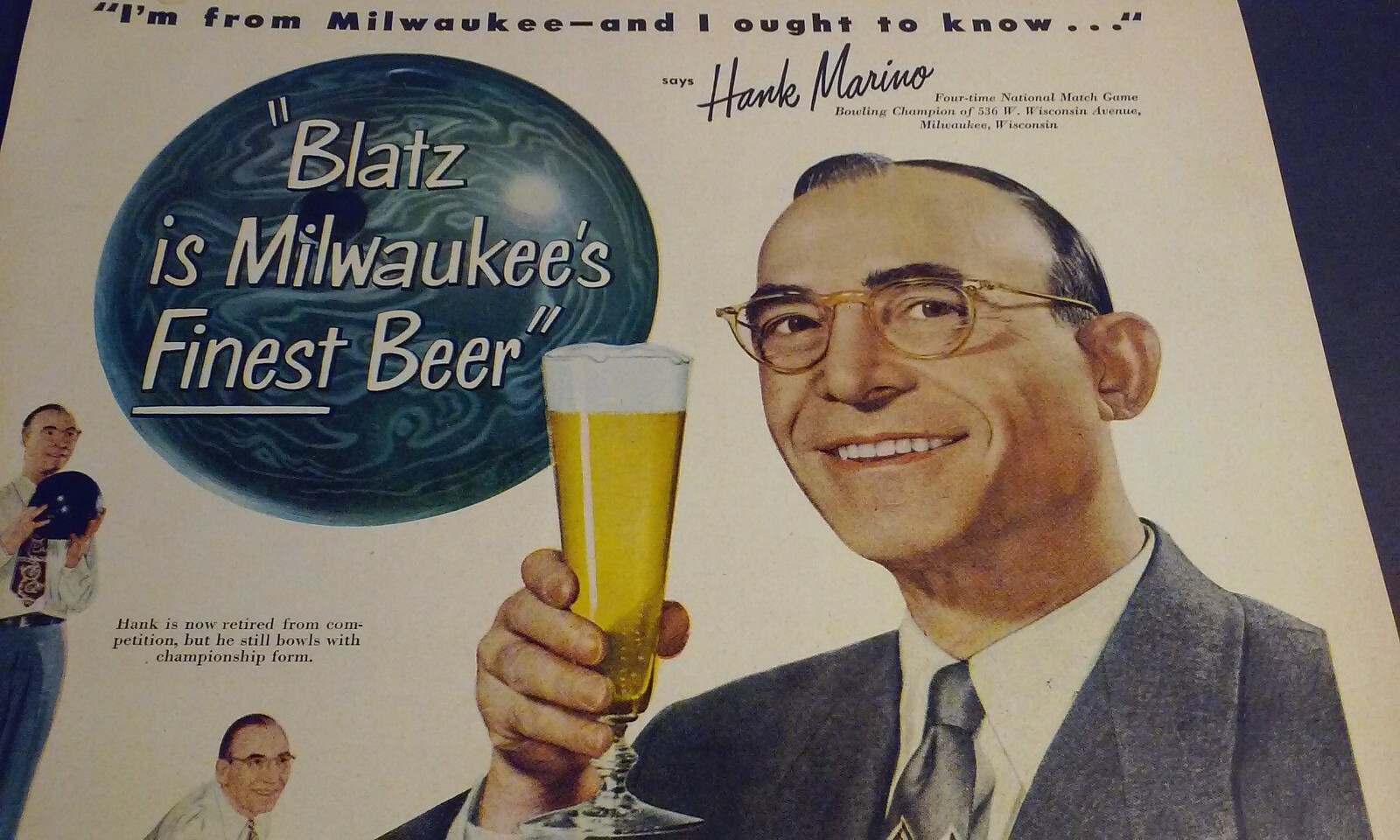 1949 Magazine Color Art Ad w/ Old Time Bowler HANK MARINO Milwaukee's BLATZ Beer