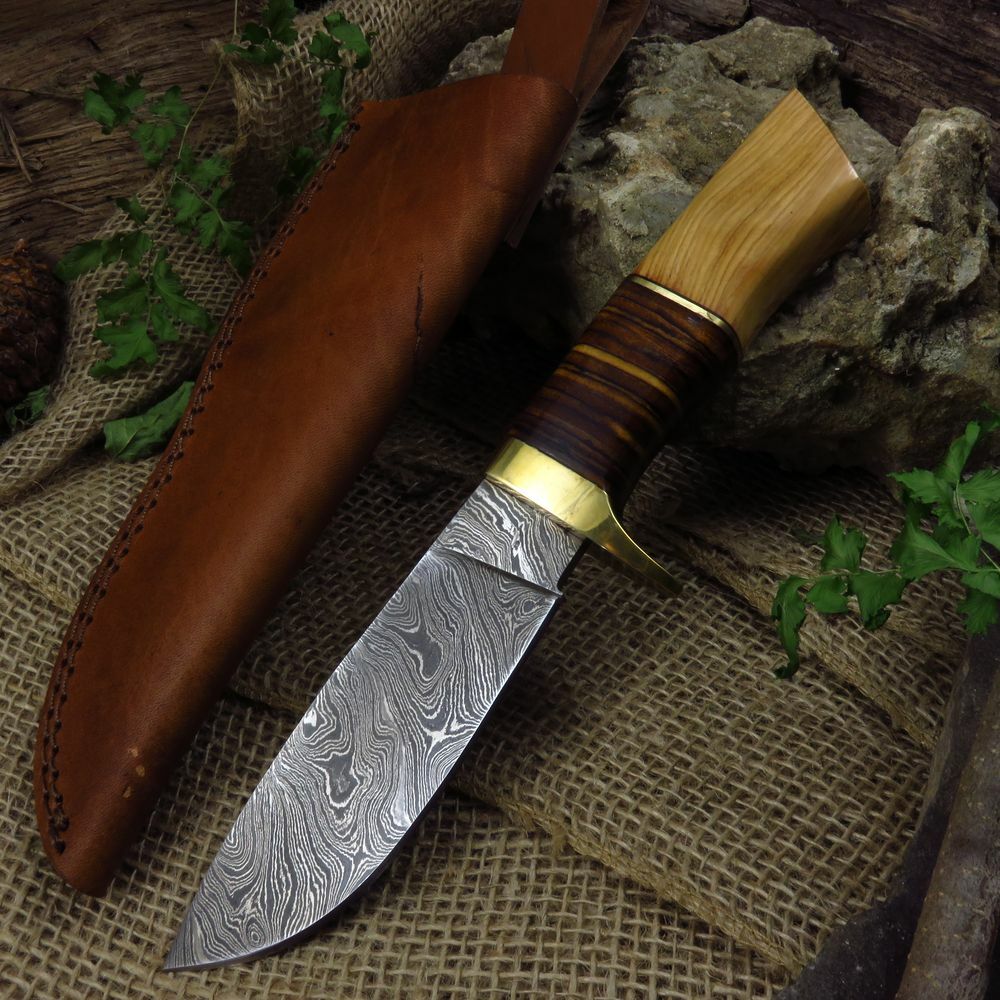 NEW! 9.5" Stacked Leather & Olive Wood Damascus Steel Hunting Knife w/ Sheath