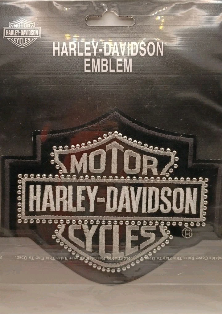 Vtg. 2005 Large Black Harley Davidson Silver Studded Bling Bar & Shield Patch