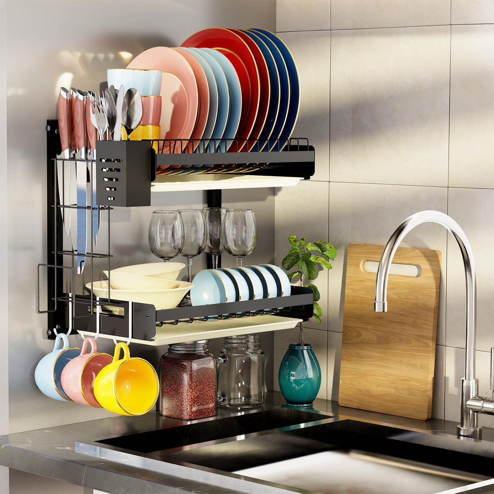 Hanging Wall Mounted Dish Drying Rack, Cutting Board Rack*1, Hook*4, Drain Tr...