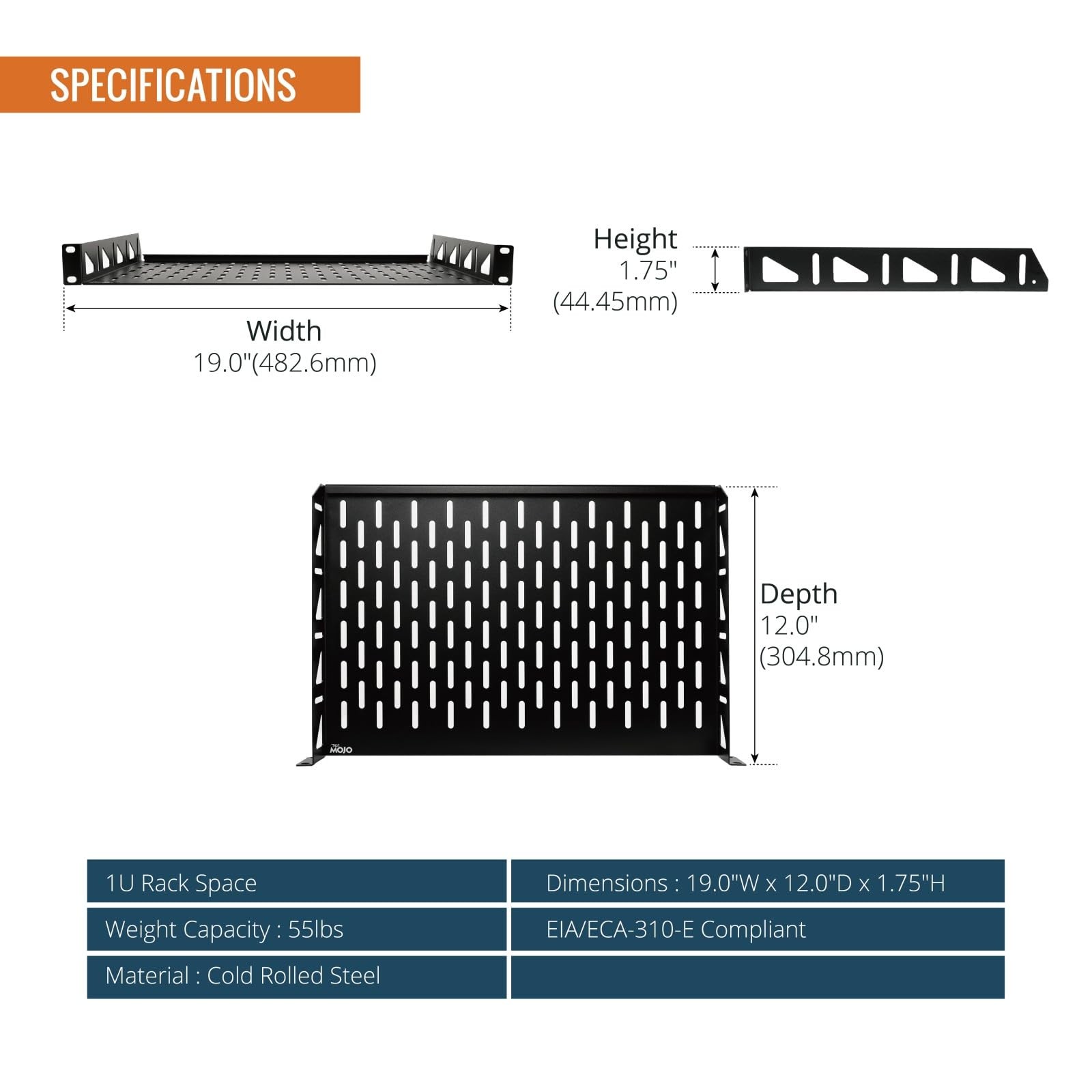 Tecmojo 1U Rack Shelf,19 inch Shelf 12 Depth,Rack 12 in/2pack,