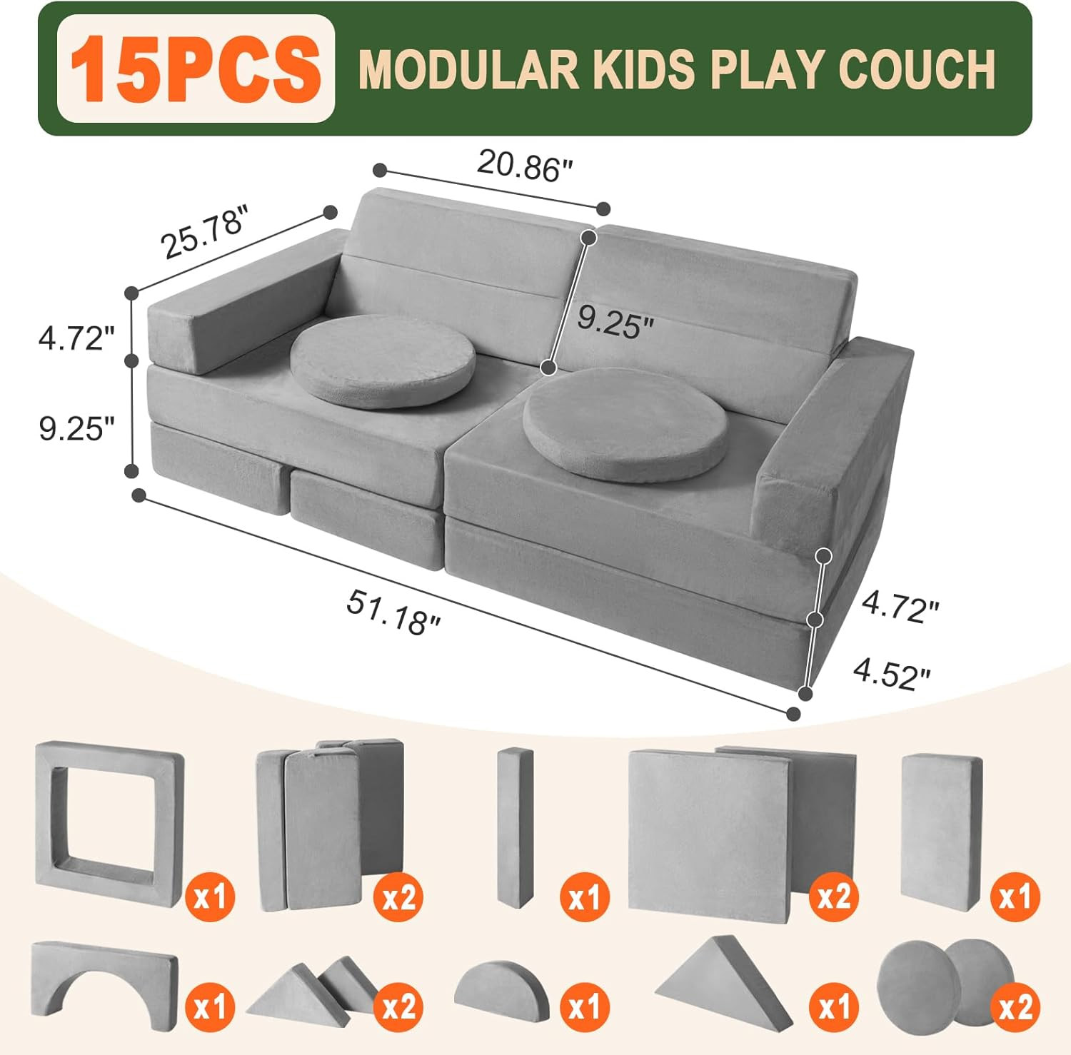 Modular Kids Play Couch 15PCS - Versatile Foam Sofa for Play, Climb & Relax