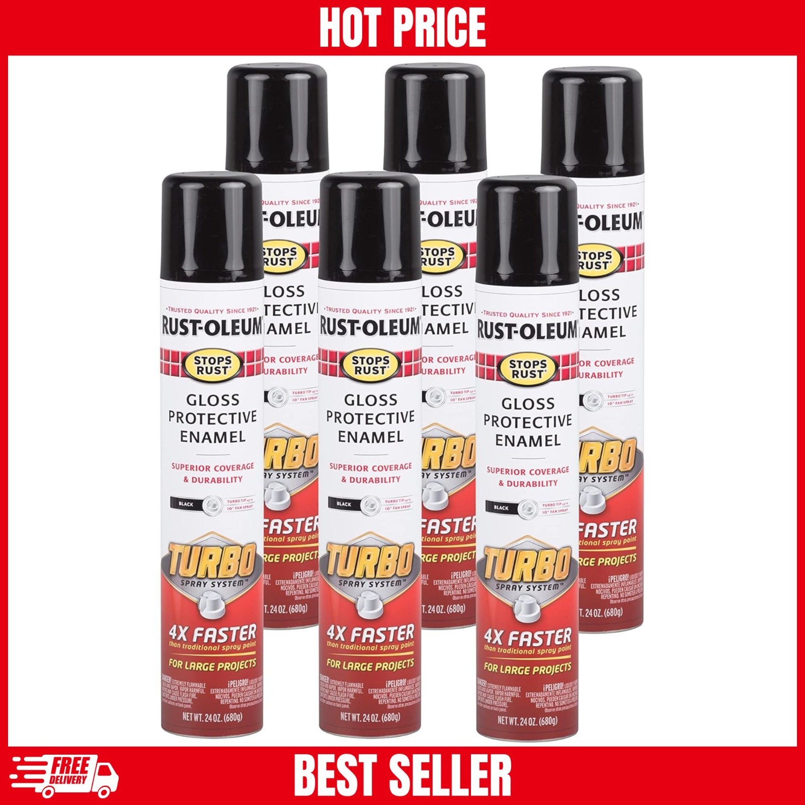 Rust-Oleum 334128-6PK Stops Rust Turbo Spray Paint, 24 oz, Gloss Black, 6 Pack