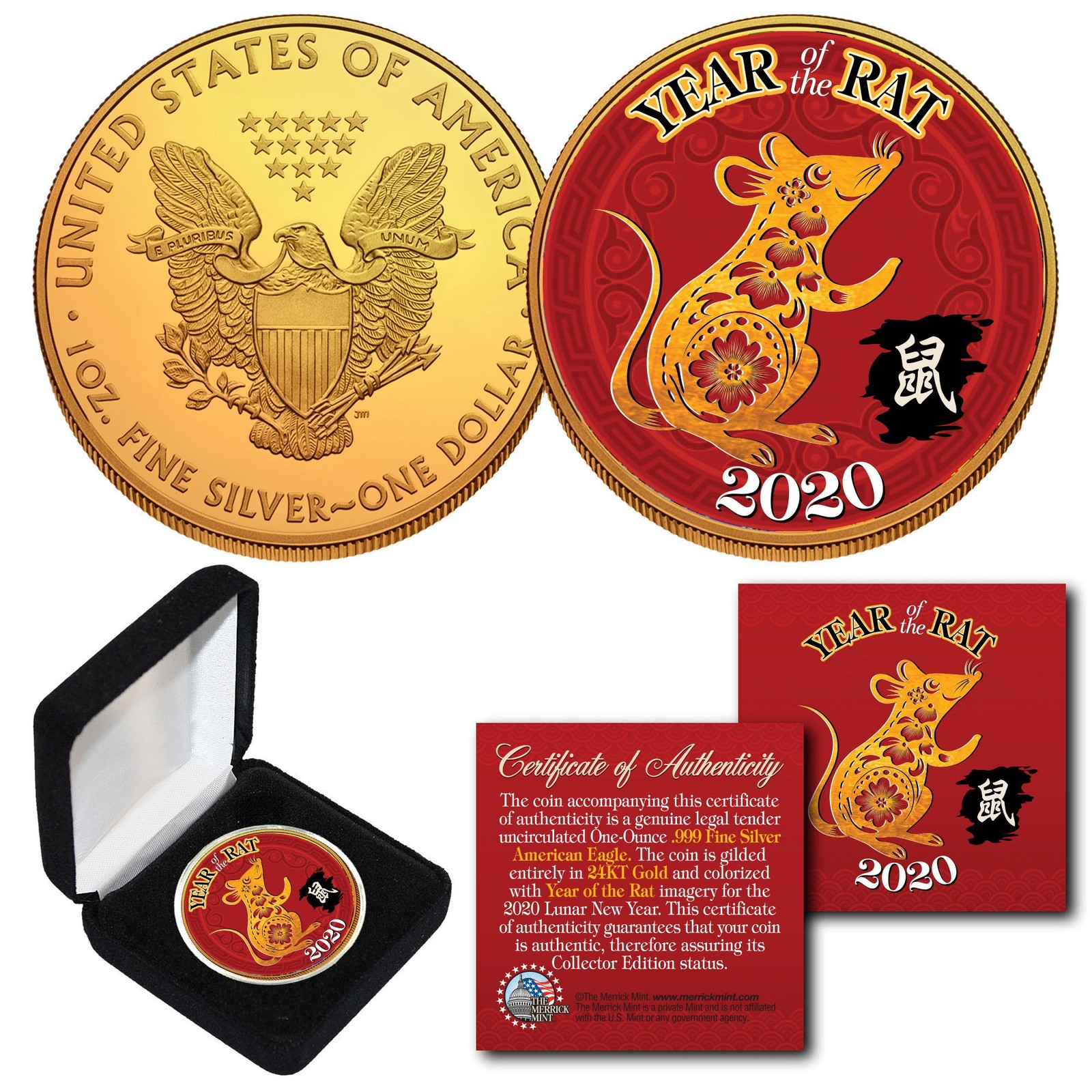 2020 Lunar New YEAR OF THE RAT 24K Gold Plated 1 OZ AMERICAN SILVER EAGLE w/ Box