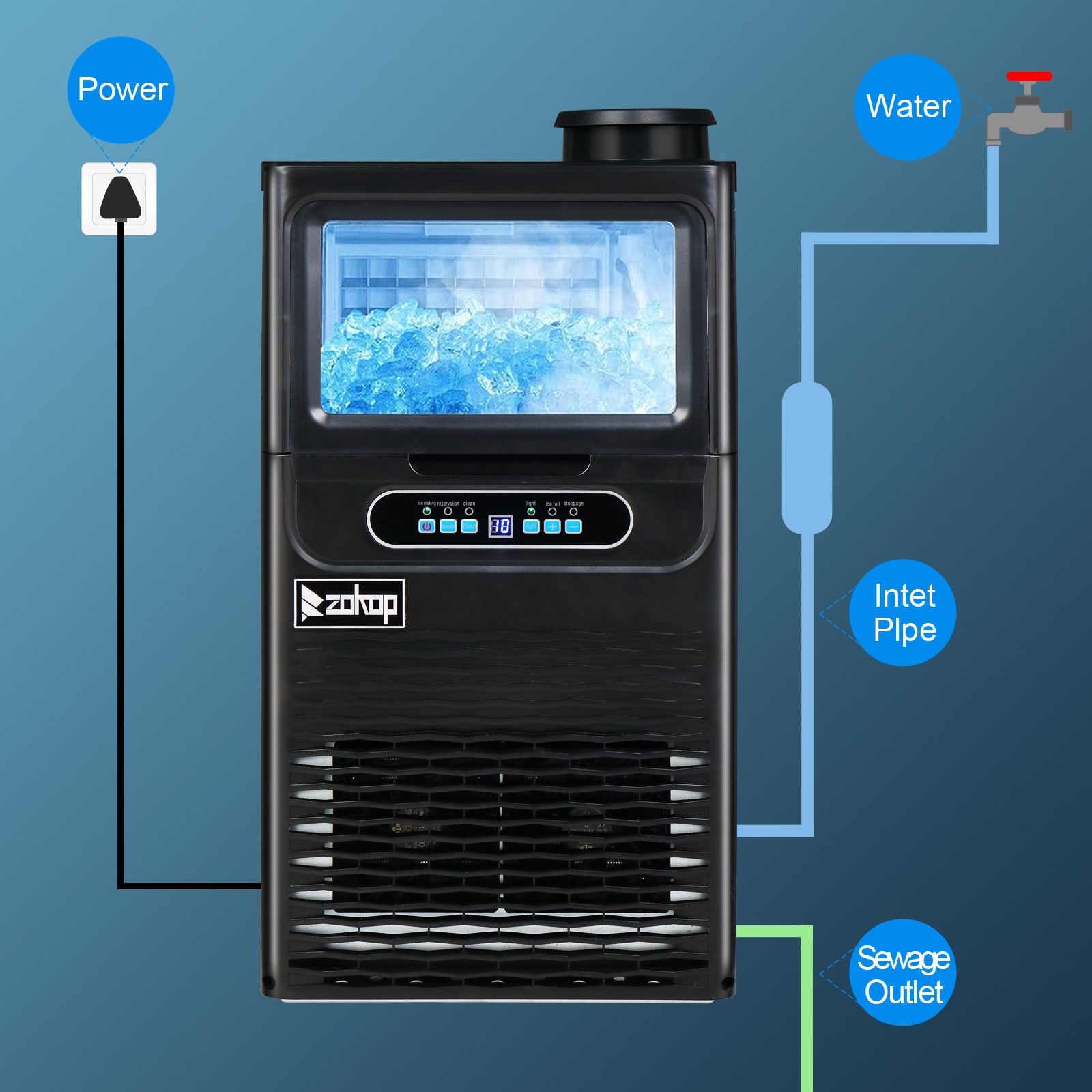 ZOKOP Electric 90lbs/24h Commercial Ice Maker Home Restaurant Bar Cube Machine