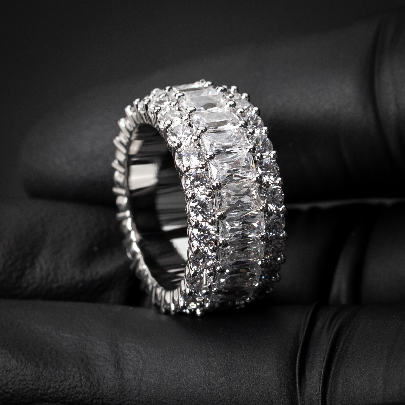 Iced Pointer Men's White Gold Plated Layered Emerald Cut Statement Eternity Ring