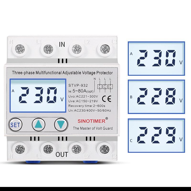 Protector Relays Voltmeter Monitors Din Rail Adjustable Voltage AC 380V 3 Phase