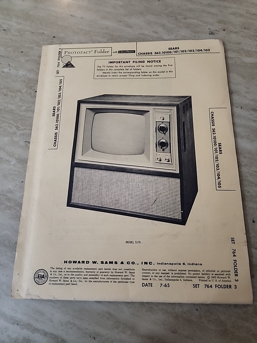 1965 SEARS 562.10100 TELEVISION SERVICE MANUAL PHOTOFACT 10101 10102 10103 MORE