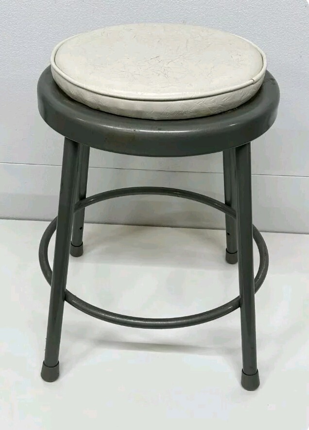 Metal Industrial Steel Drafting Shop Chair Stool Vinyl Cushioned Seat 24¼" Tall