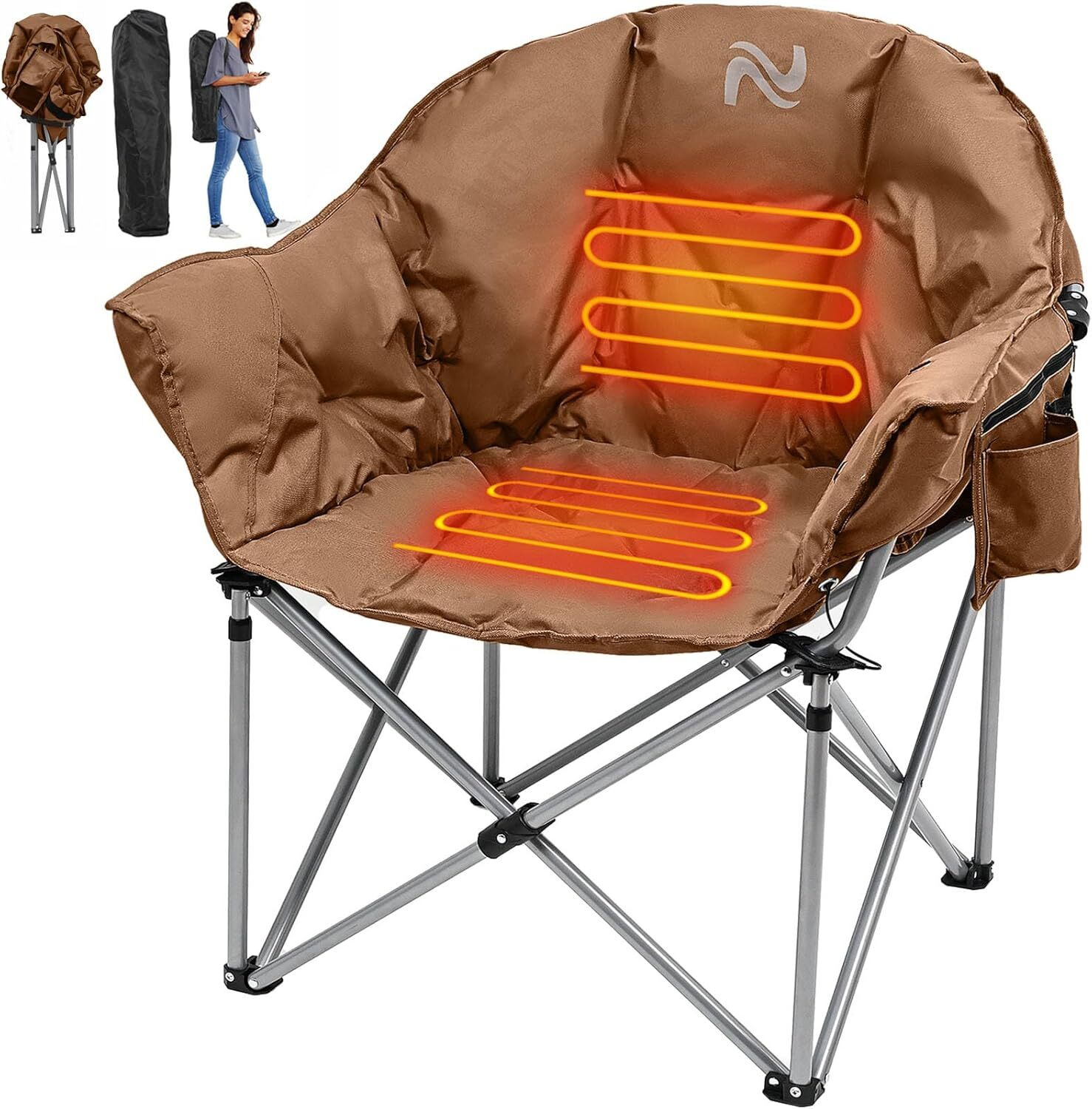 H&ZT Heated Moon Saucer Chair Folding Chair with 3 Heat Levels Heated Lawn Chair