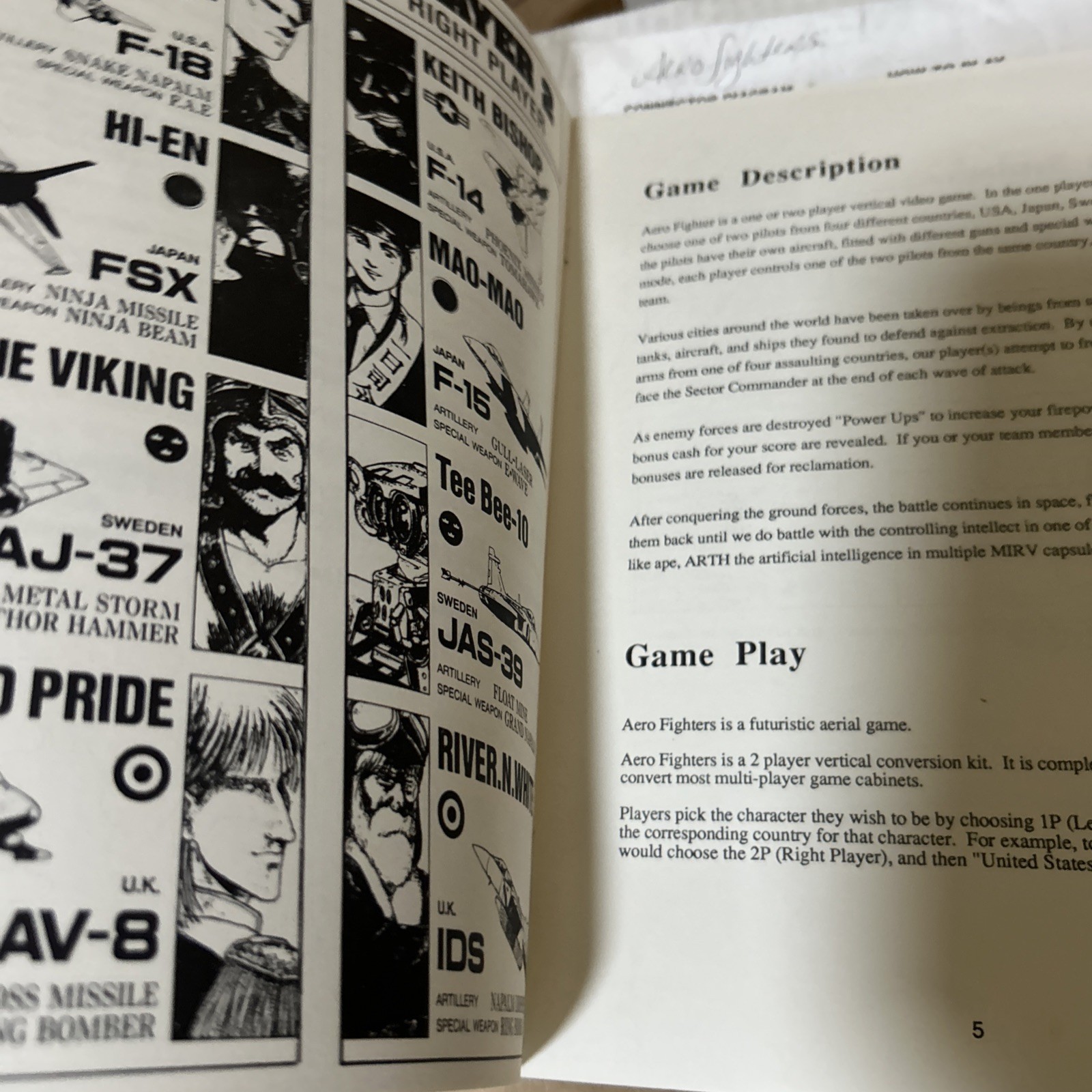 Original Aero Fighters MCO'RIVER Video ARCADE GAME  owners manual