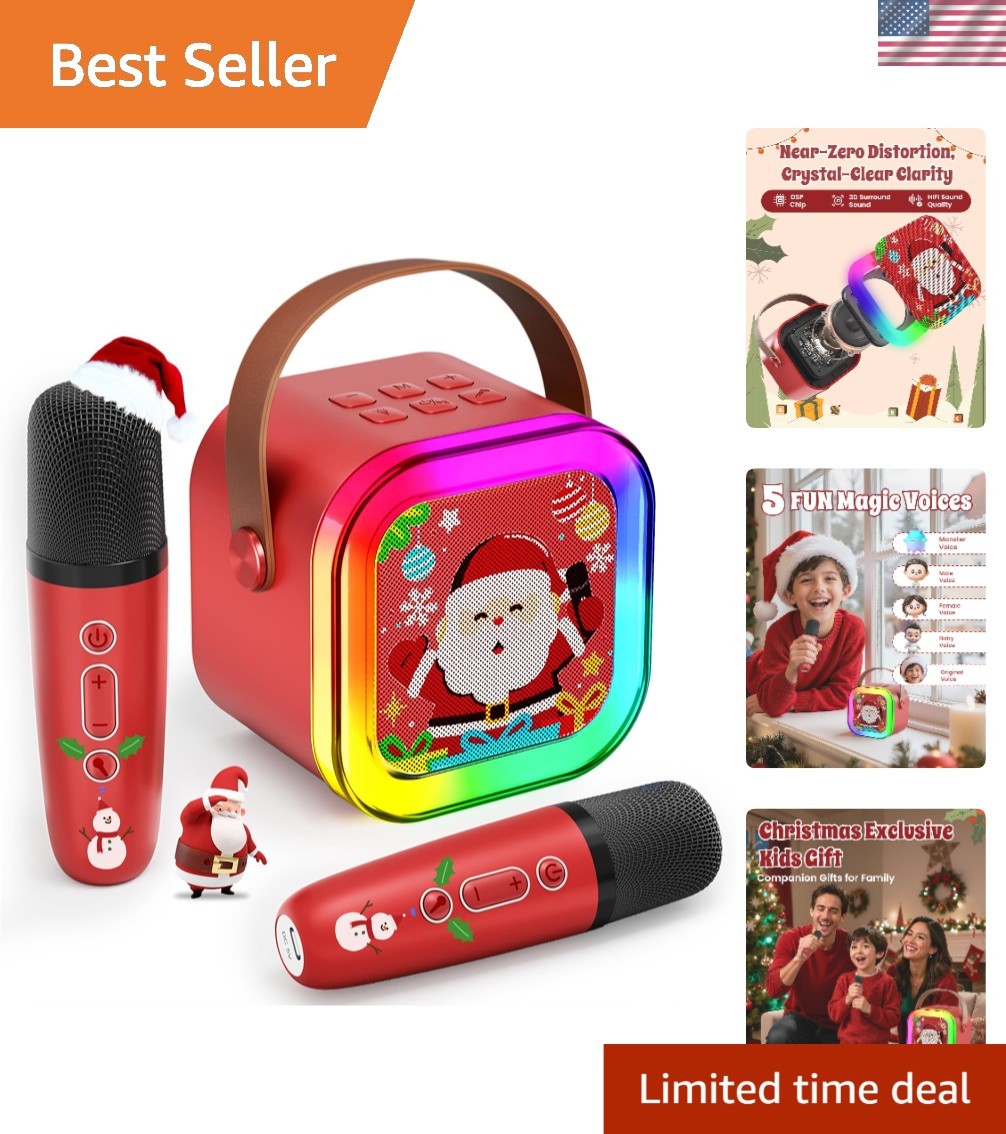 Christmas Red Karaoke Machine for Kids - Bluetooth with 2 Wireless Microphones