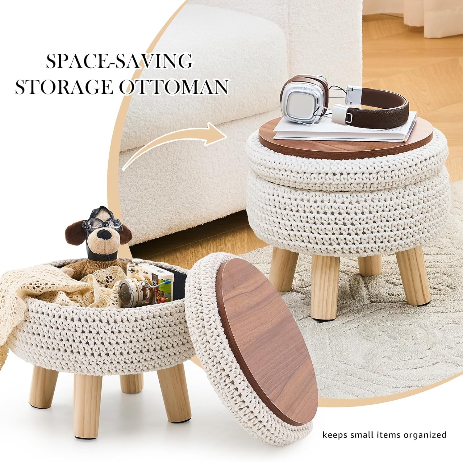 Round Storage Ottoman Foot Rest Cotton Braided Foot Stool Pouf Ottoman W/ Solid
