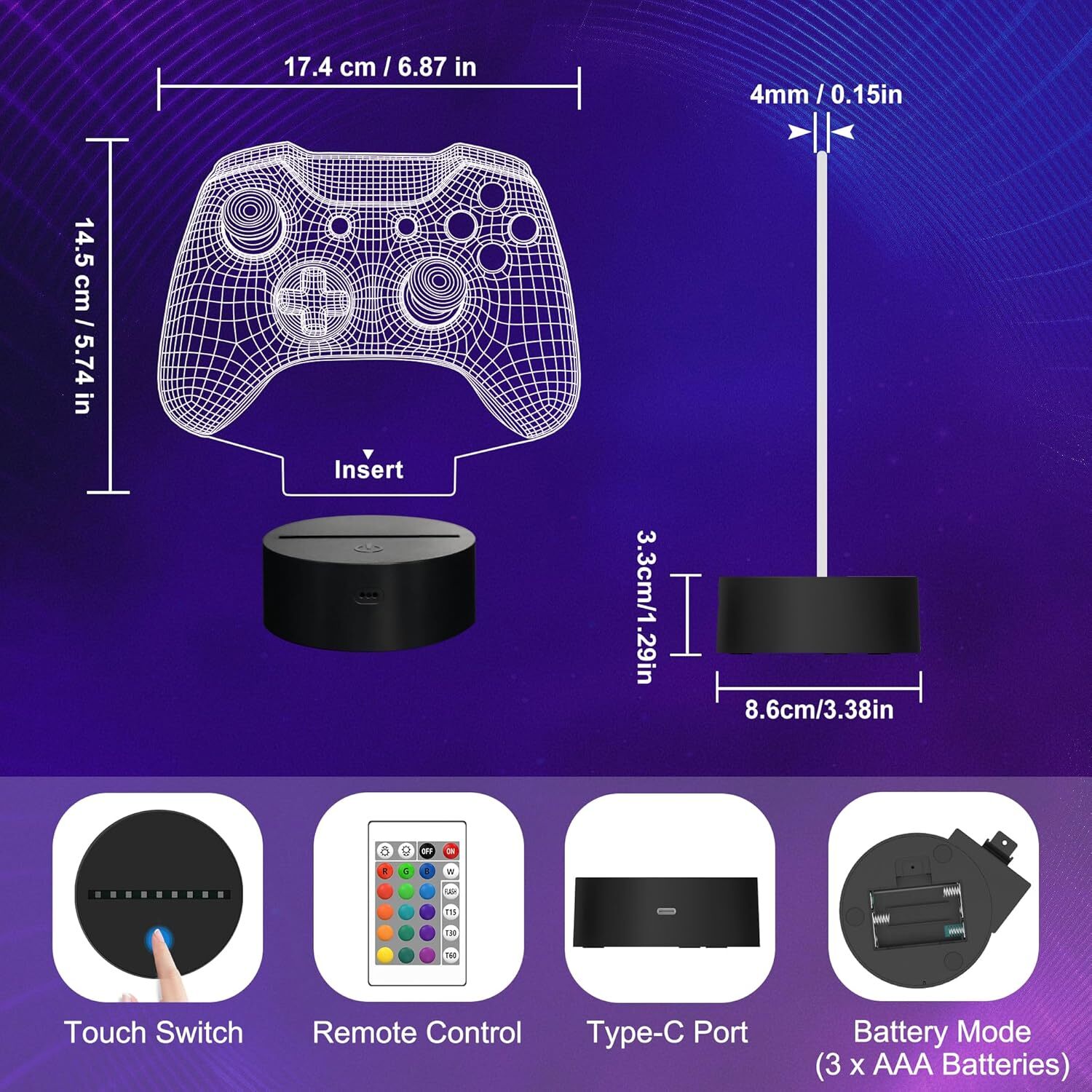 Gamepad Night Light, 3D Game Room Light with Remote + 16 Color Changing