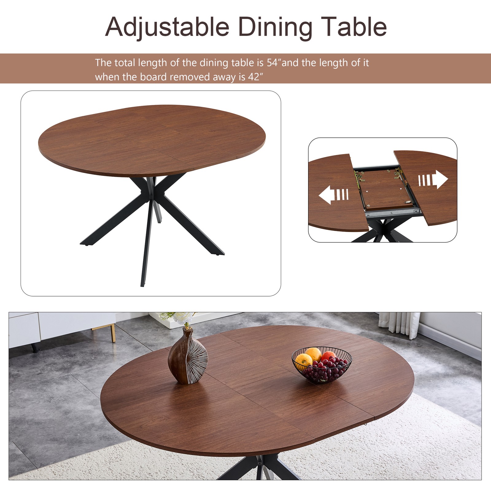 Extendable Round Dining Table - Space-Saving Dining Table with Sturdy Metal L