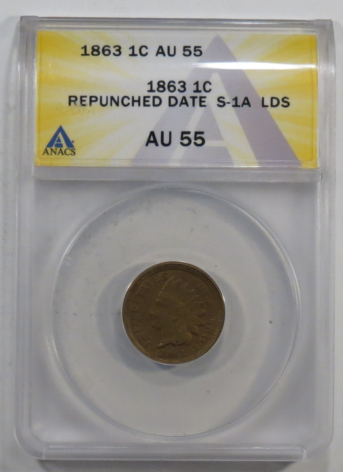 1863 Copper Nickel Indian Cent - ANACS AU55 Repunched Date