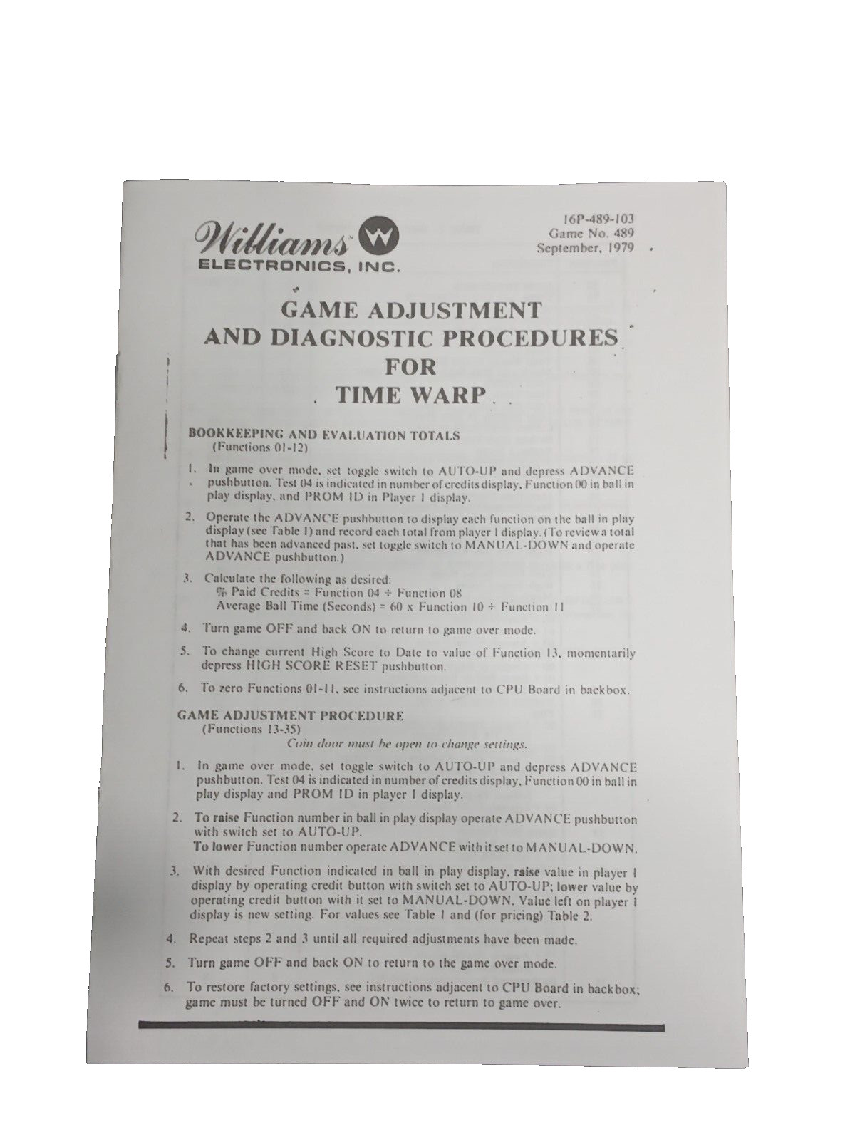 Williams Flash Pinball-Game Adjustment and Diagnostic Procedures Booklet