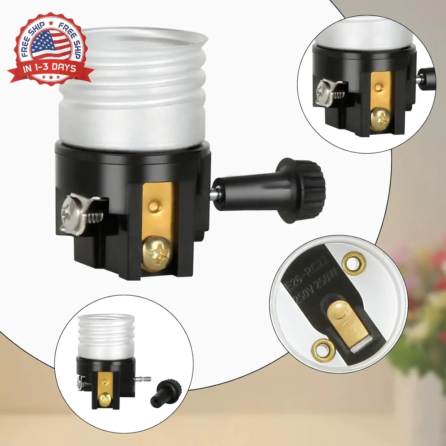 2 Pack Aluminum E26/E27 Light Socket Replacement with ON/Off Switch Rust-Resista