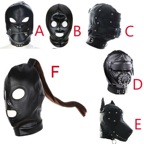 PU Leather Hood Blindfold Head Harness Mask Open Mouth Gag Bondage for Couples