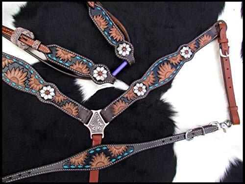 Showman Sunflower Tooled Leather Browband Headstall & Breast Collar Set w/ Reins