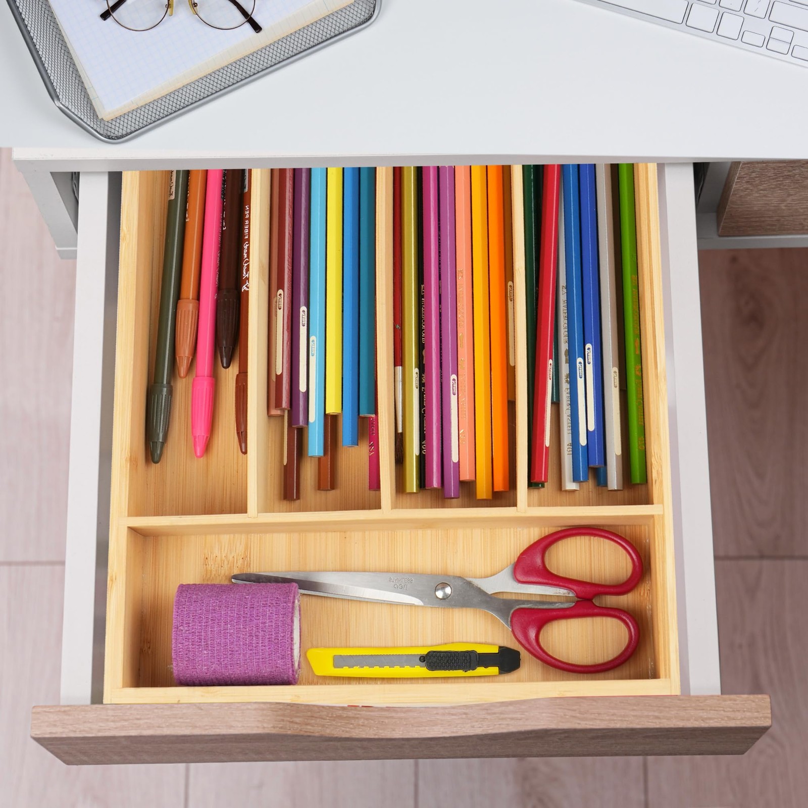LotFancy Bamboo Kitchen Drawer Organizer, 9.5 Inch Silverware Light