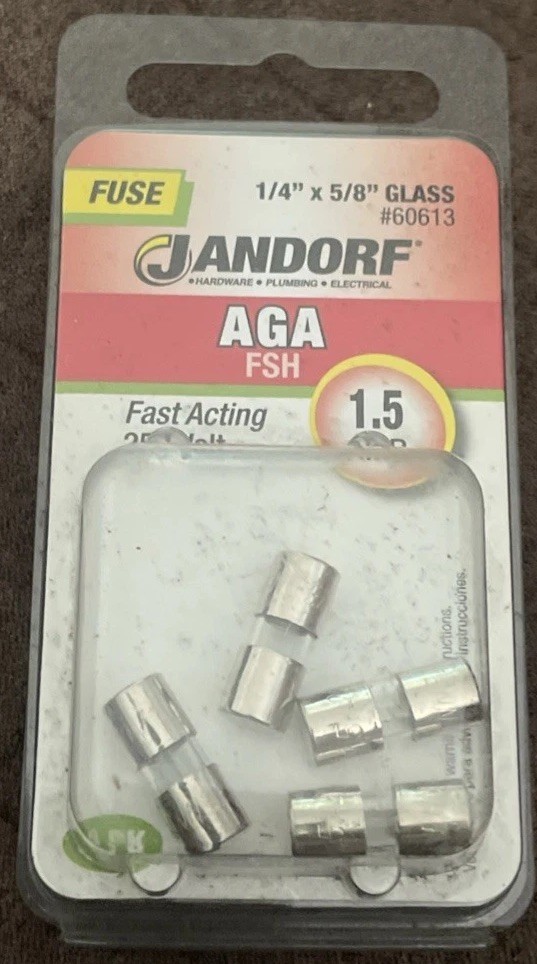 Jandorf AGA 1.5 amps Fast Acting 250 Volt Fuse 4 pk #60613 1/4”x5/8” Glass
