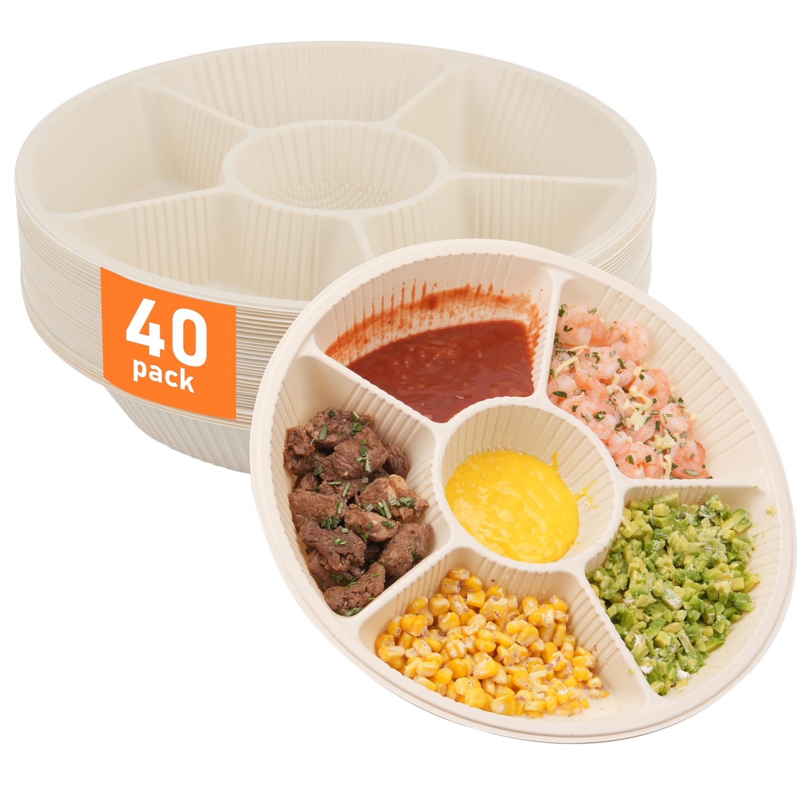 40 Pcs Disposable Divided Plates with 6 Deep Compartments, 12 Inch Large Disp...