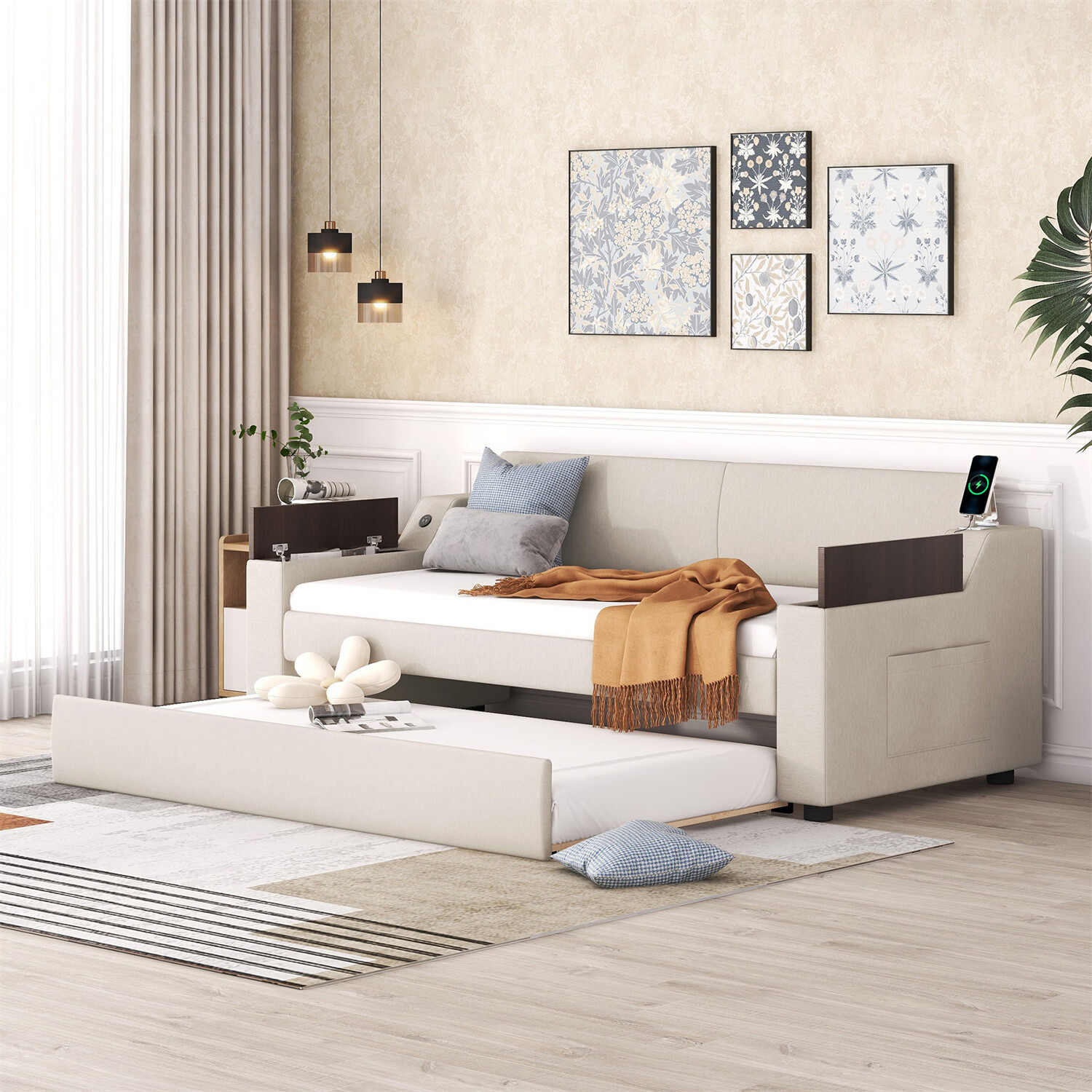 Twin Size Daybed Upholstered Bed Frame Sofa Bed w/ Trundle Bed Beige