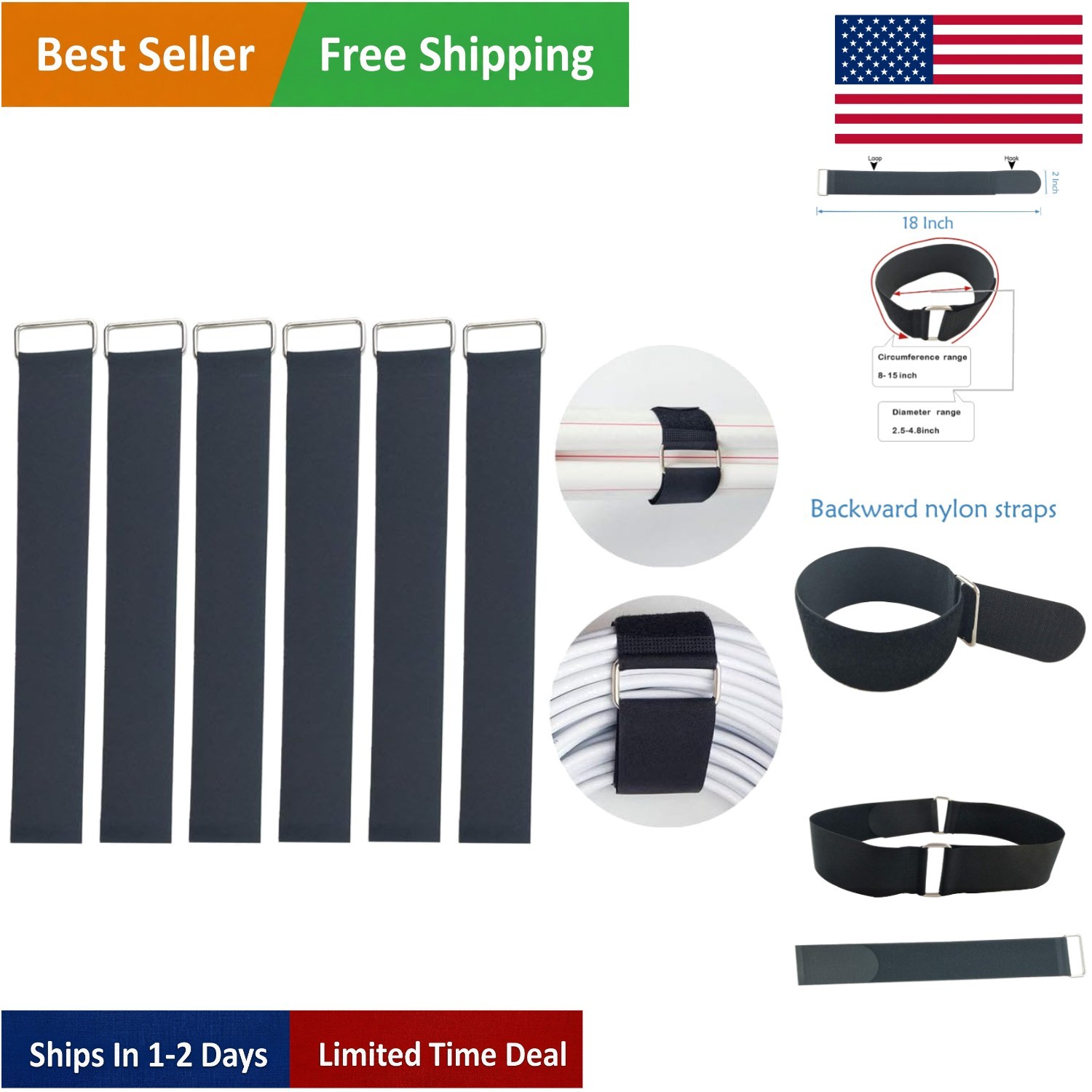 18" x 2" Reusable Nylon Hook and Loop Straps - 6 Count for Ultimate Organization