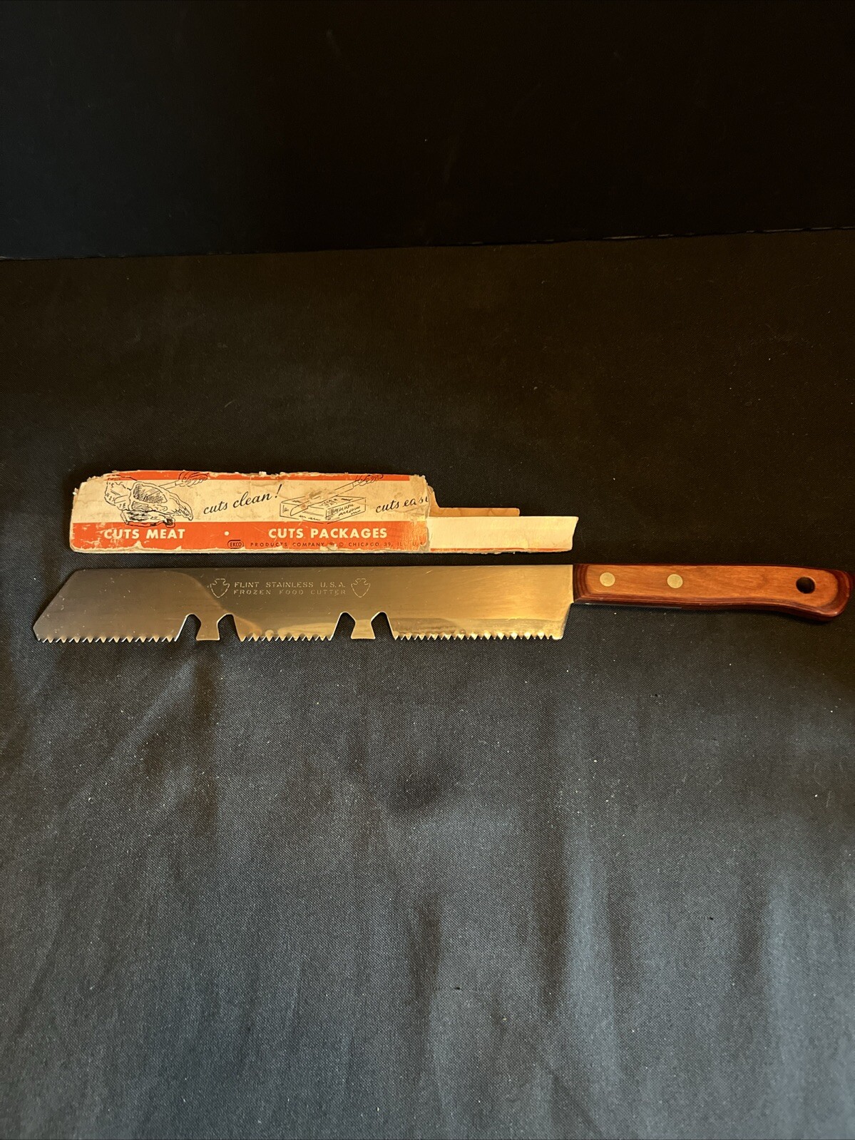 EKCO Flint Frozen Food Cutter  Riveted Wood Handle USA Original Sleeve 15 in