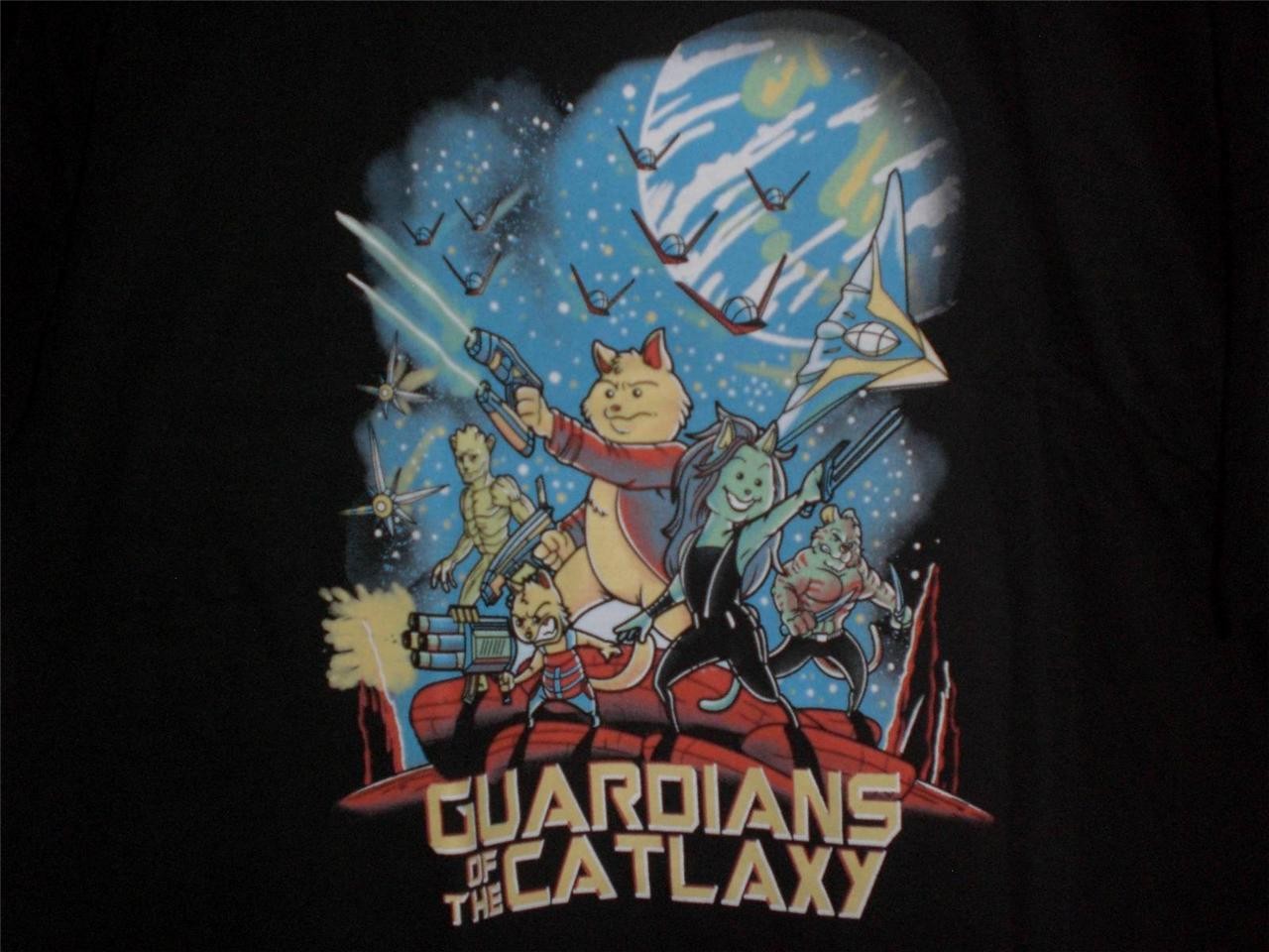 TeeFury Guardians LARGE "Guardians of the Catlaxy" Guardians Cat Mash Up BLACK