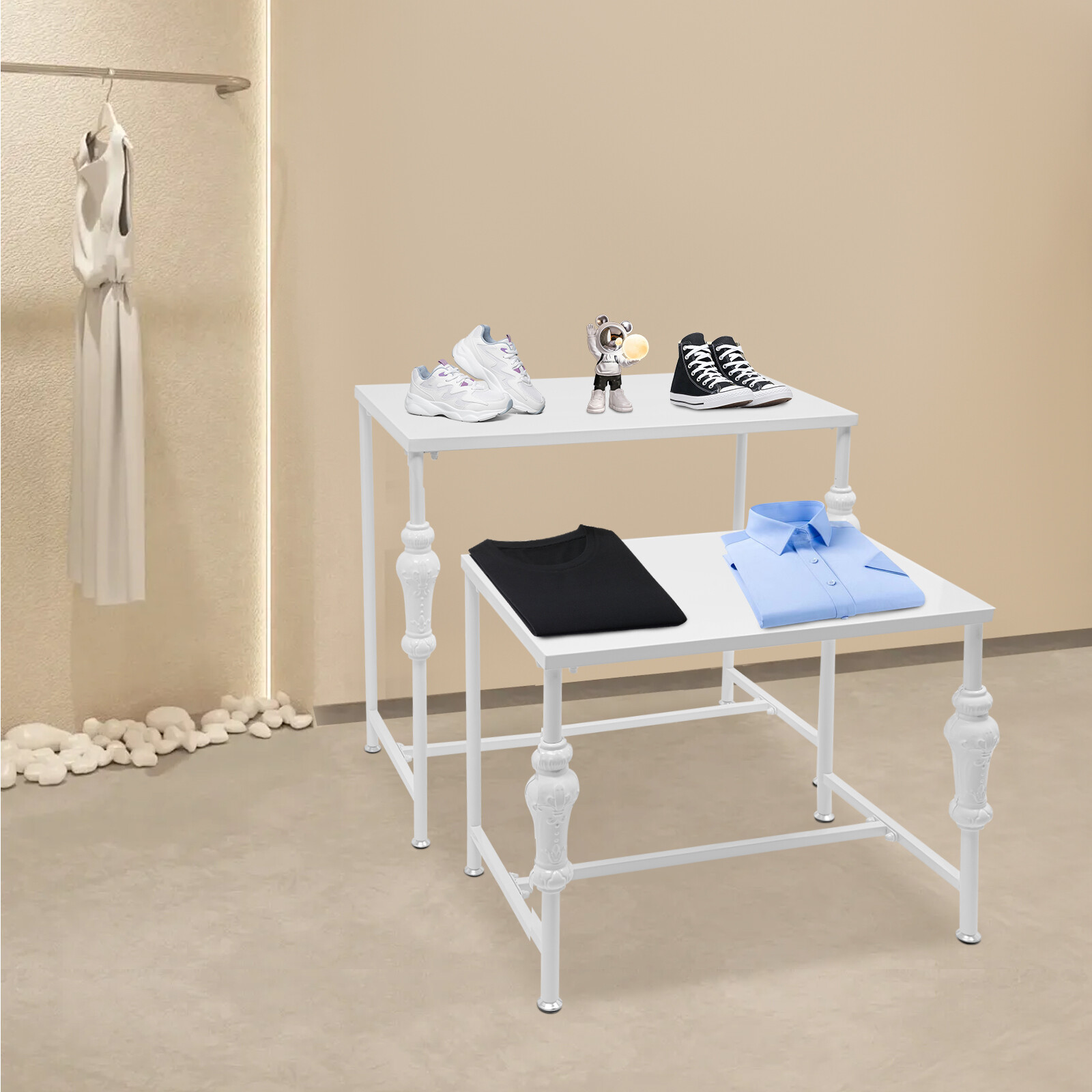 2PCS White Industrial Retail Display Tables Standing Clothing Shoes Display Rack