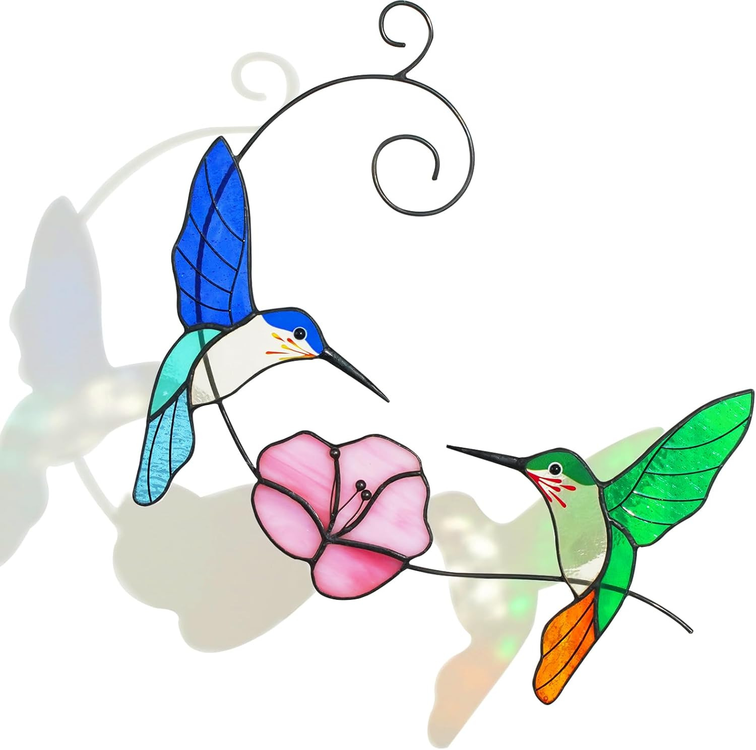 Hummingbird Stained Glass Window Hanging, Handmade Humming Bird with Flower Sunc
