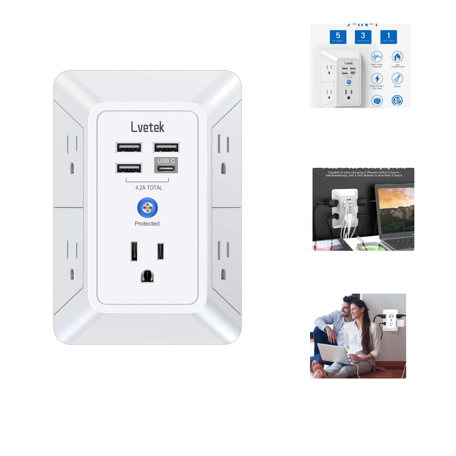 Wall-Mountable 5 Outlet Extender with 4 USB Ports - Secure & Efficient Charging