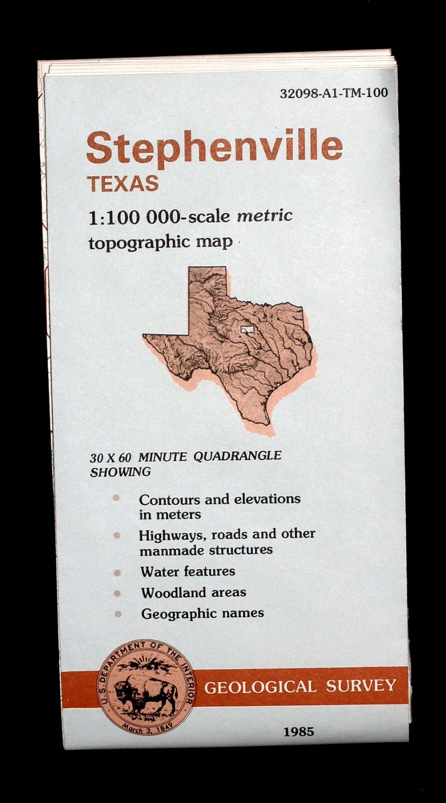 USGS, Stephenville, Texas 1:100,000 scale metric topographic map (1985, folded)